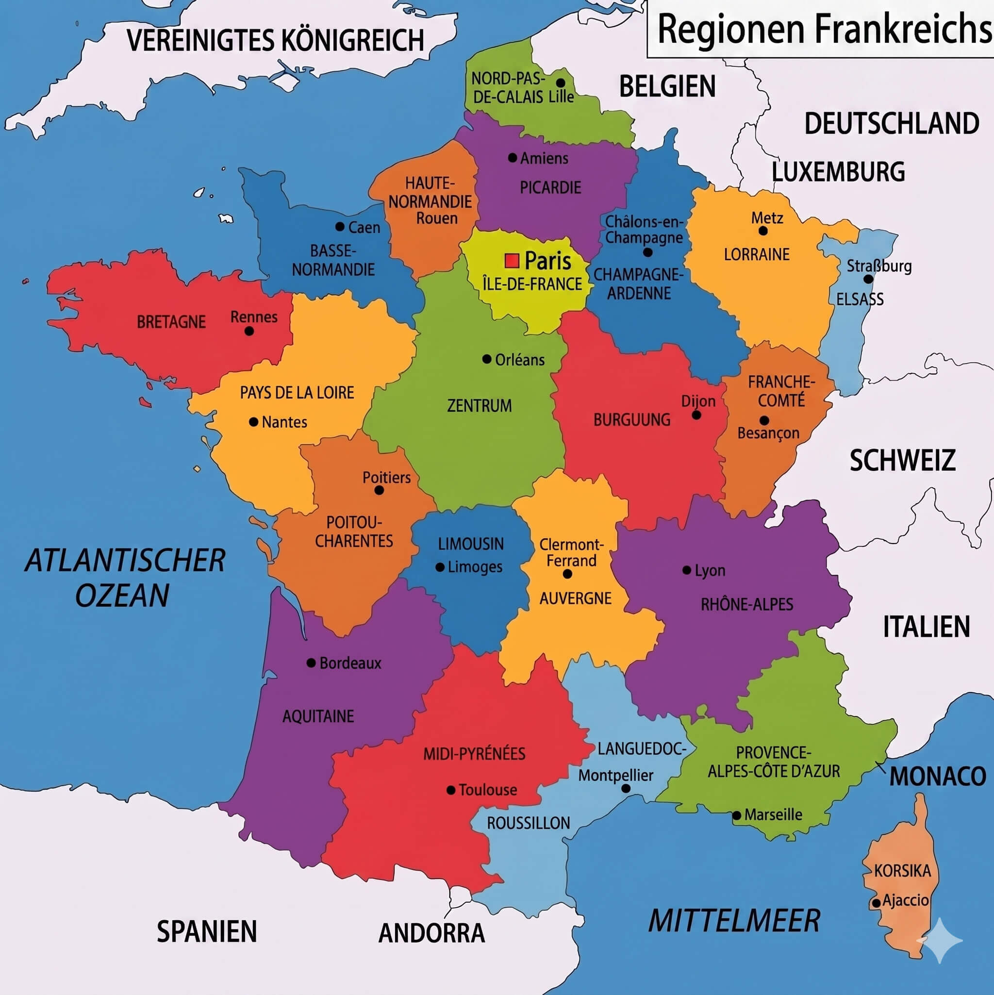 Bunte regionenkarte von Frankreich