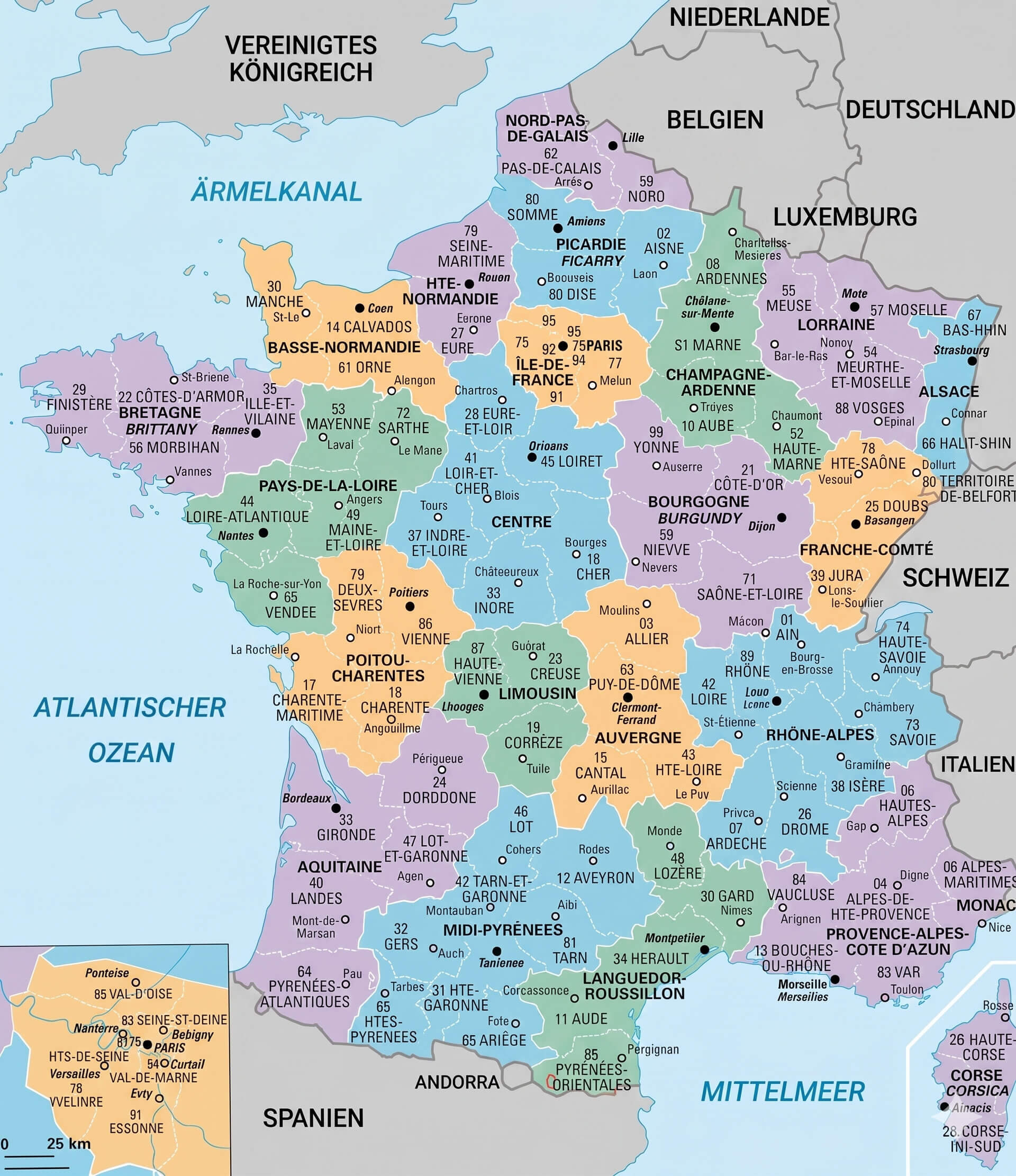 Karte der regionen Frankreich beschriftet