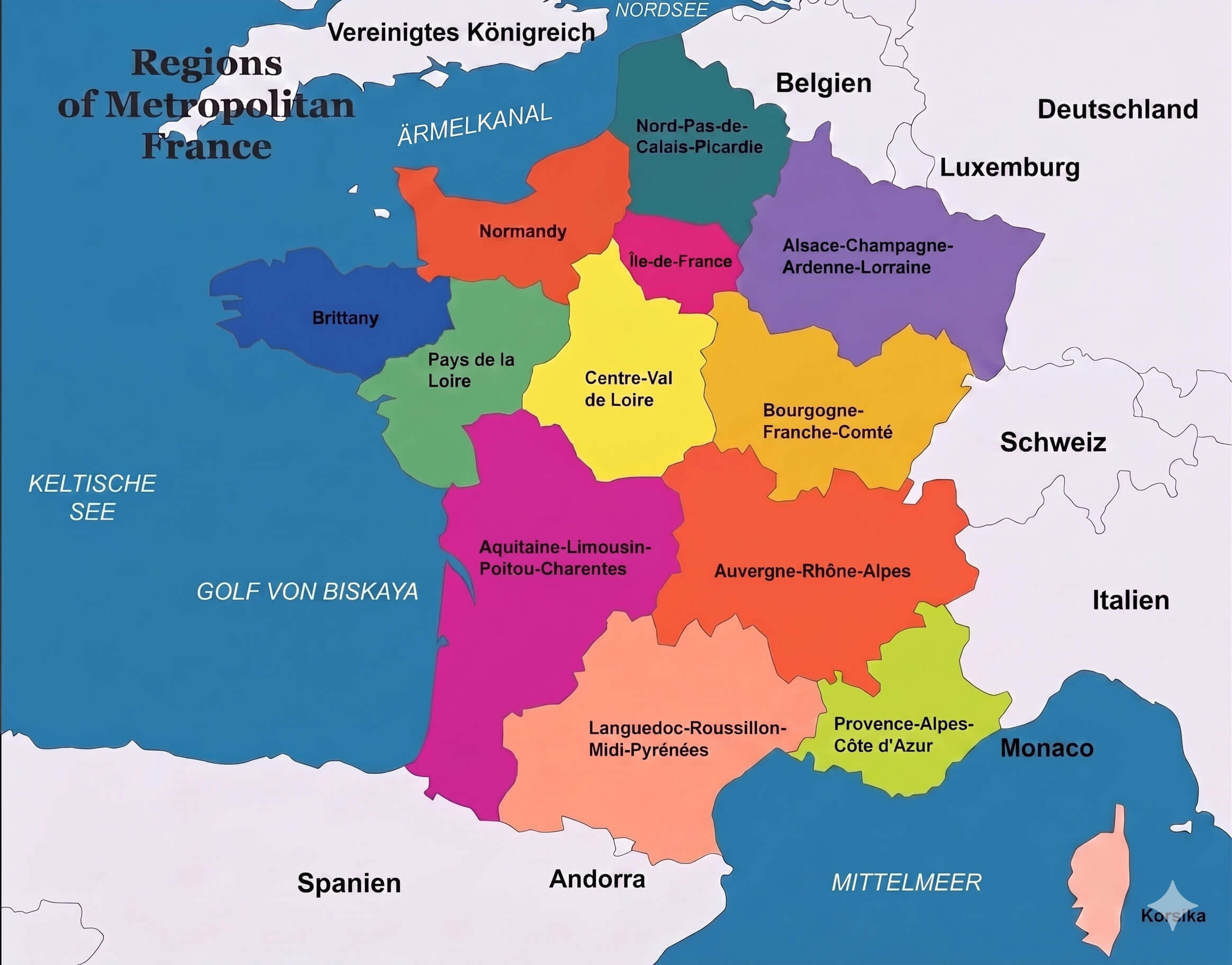 Karte der regionen Frankreich farbig