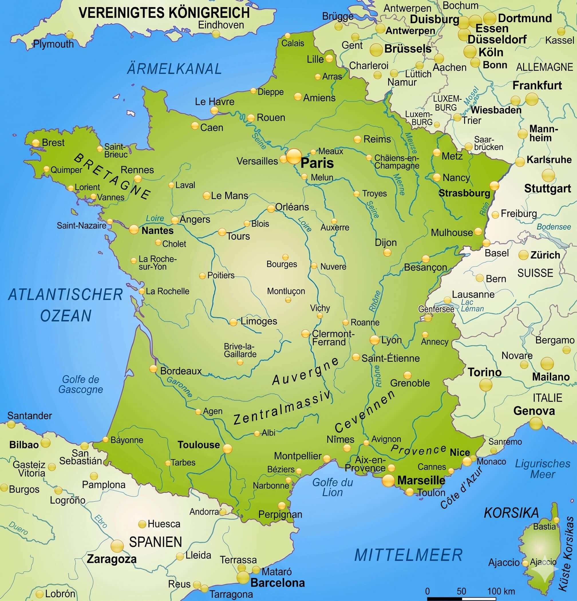 Karte von Frankreich mit fluessen und staedten