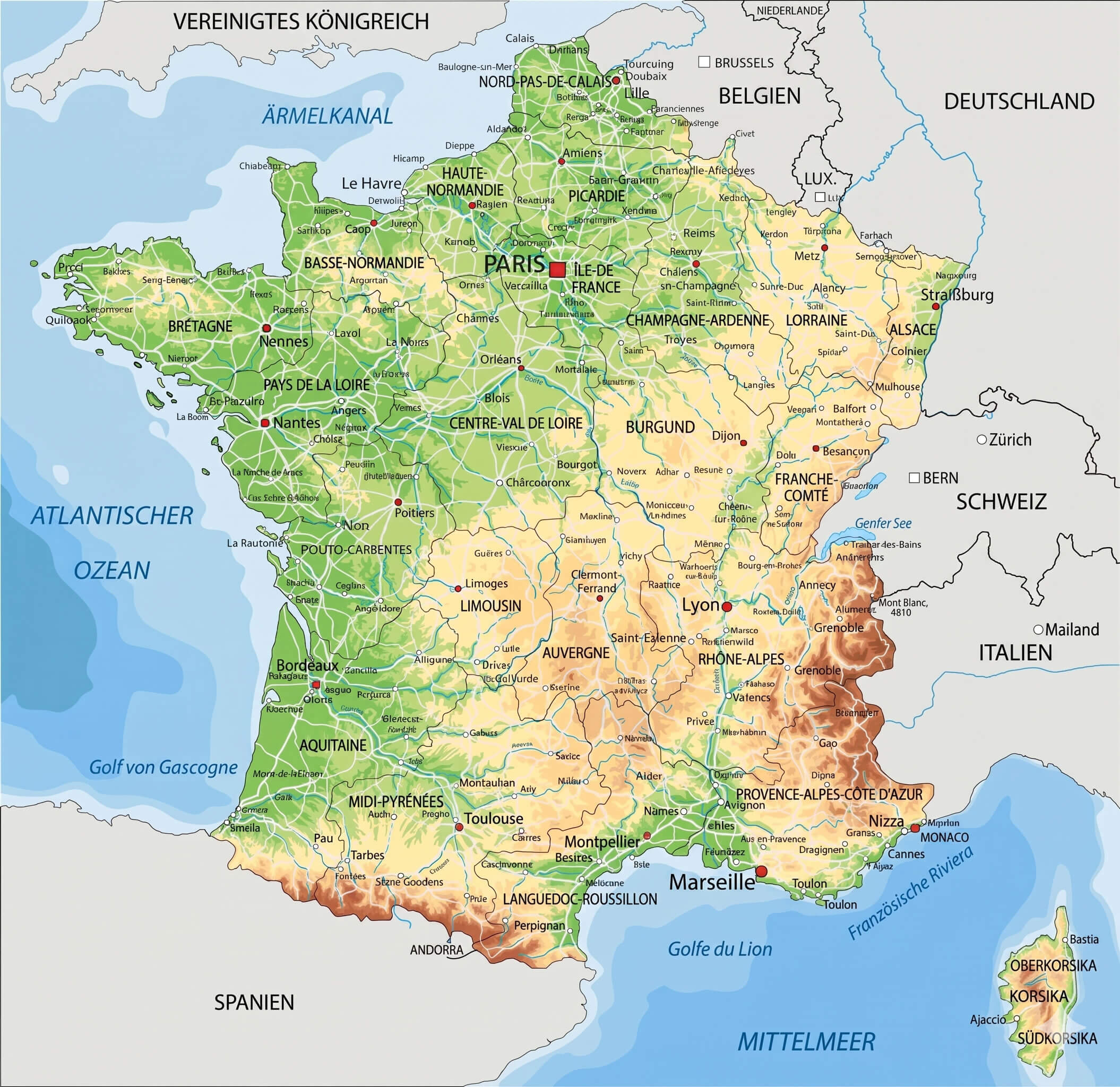 Physische karte Frankreichs mit platten und bergen