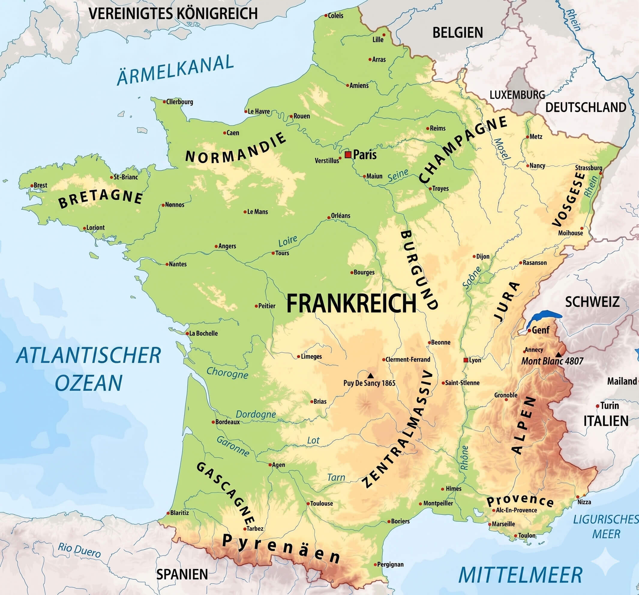Physische karte von Frankreich mith relief und gebirgen