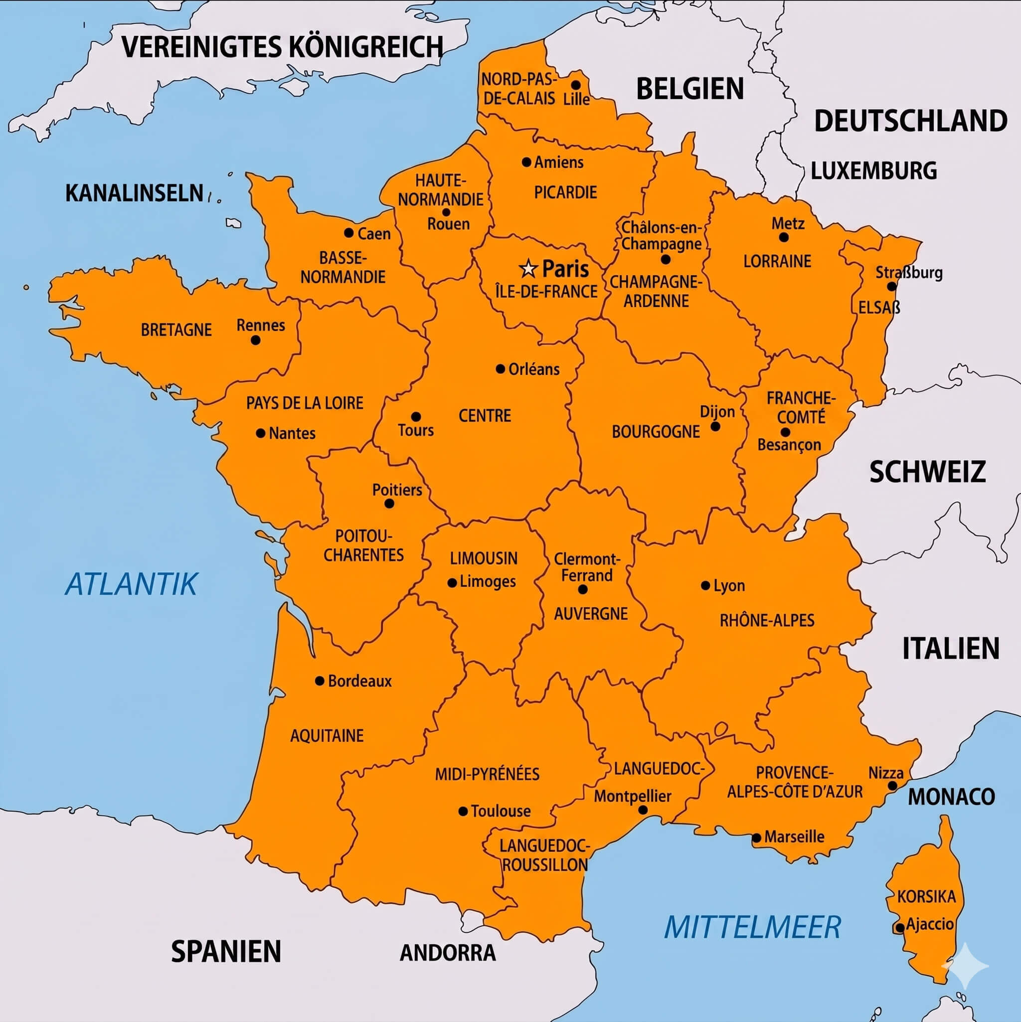 Politische karte von Frankreich orange