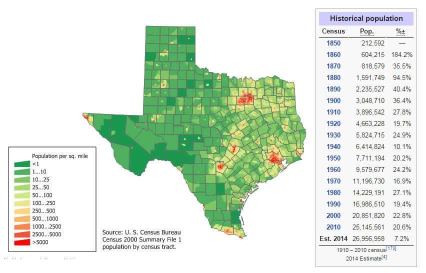 texas bevolkerung karte vereinigte staats 2010