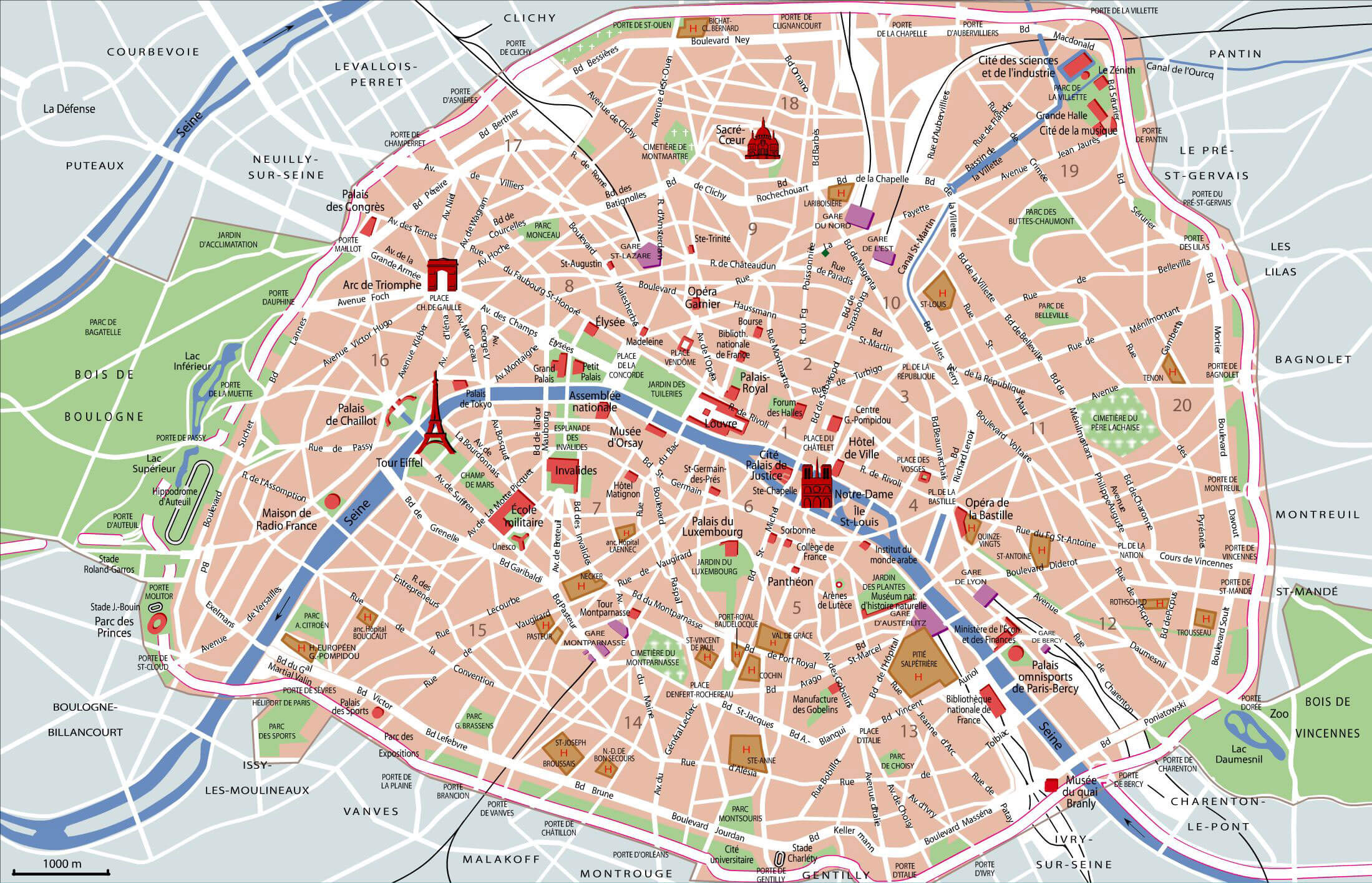 Karte der Sehenswürdigkeiten von Paris