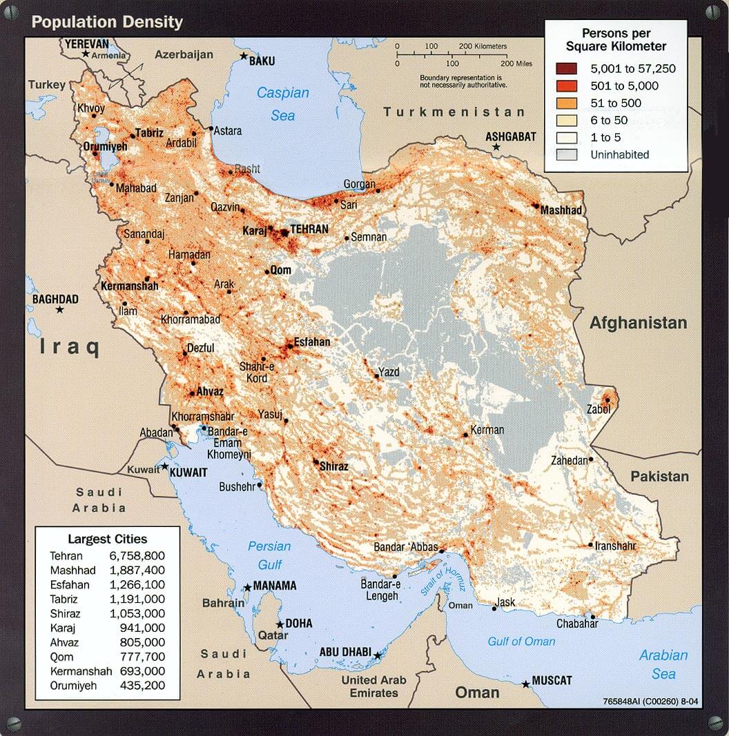 iran bevolkerung dichte karte