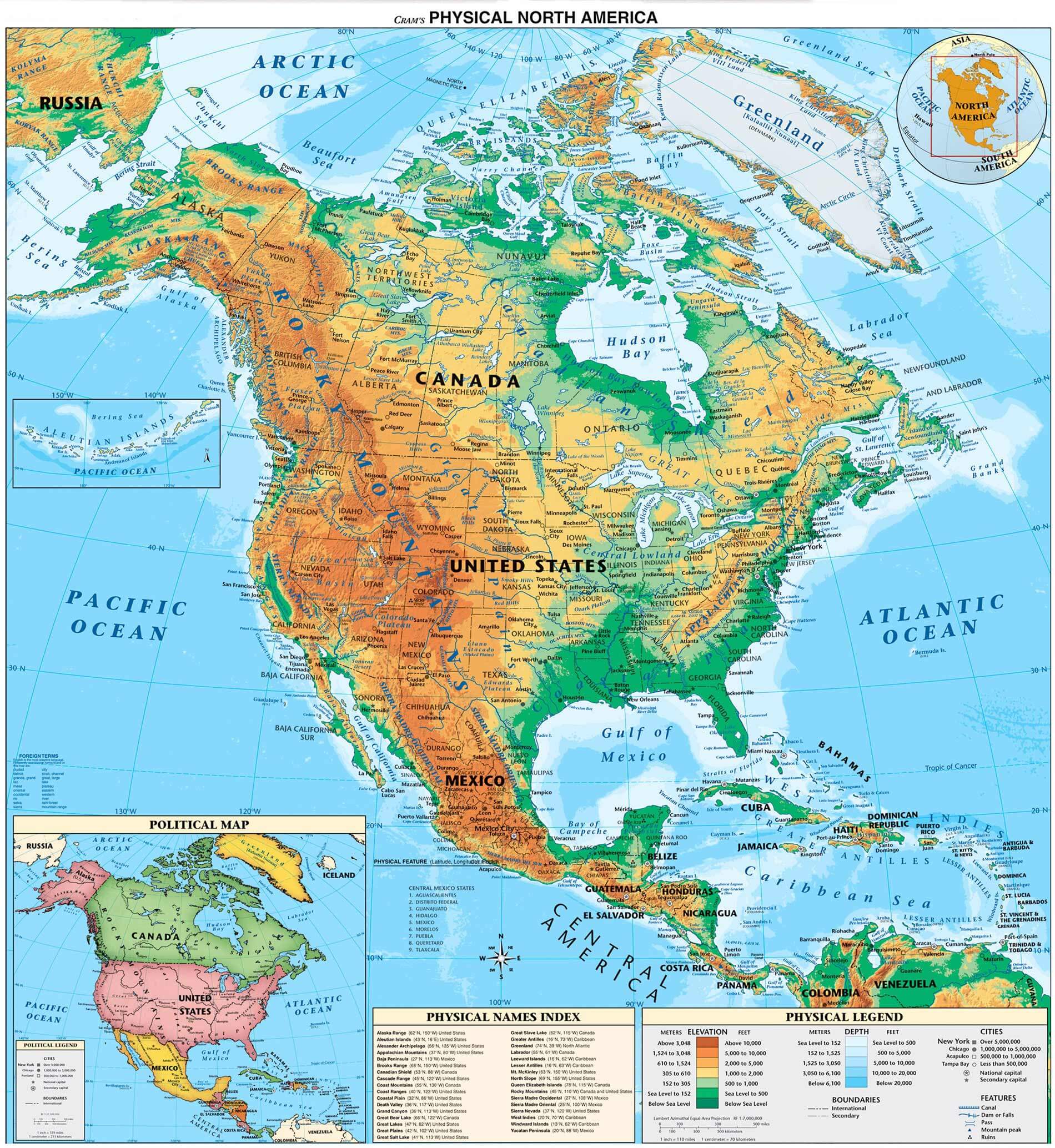 nordlich zentral amerika physikalisch karte
