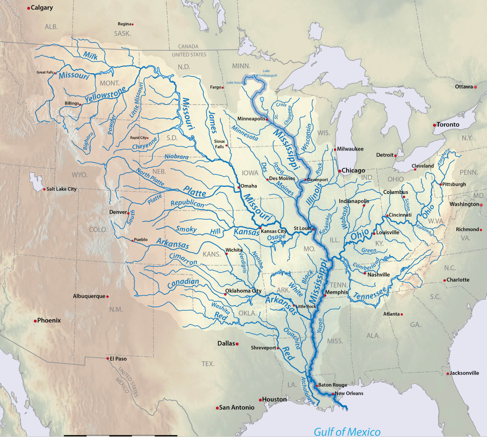 Einzugsgebiet des Mississippi und Karte des Golfs von Mexiko – USA