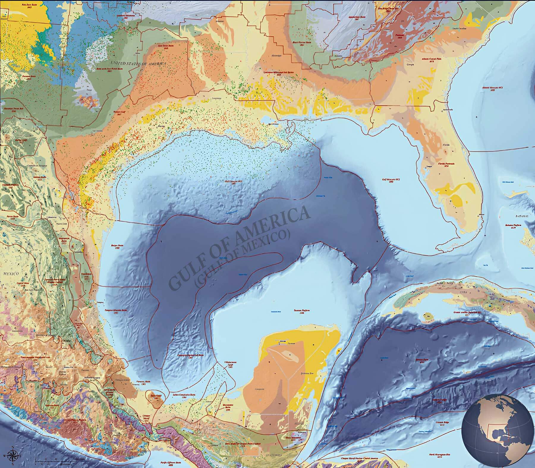 Geologische Karte vom Golf von Amerika – Öl- und Gasfelder