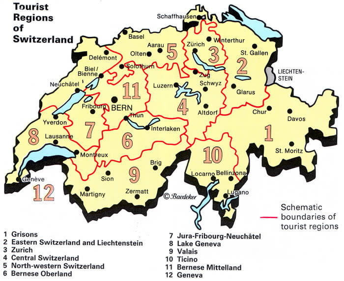 touristisches regionen karte von schweiz