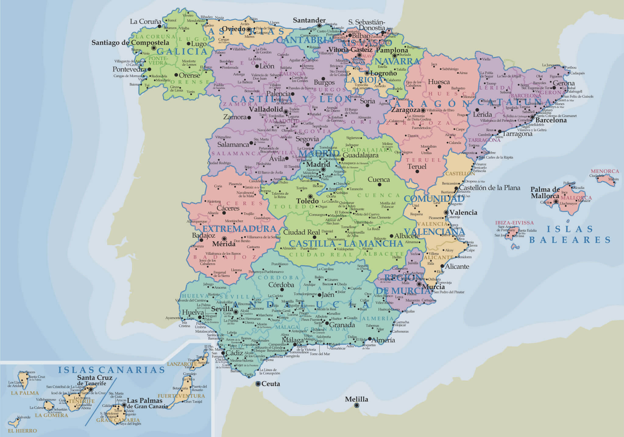 spanien land stadte politisch karte