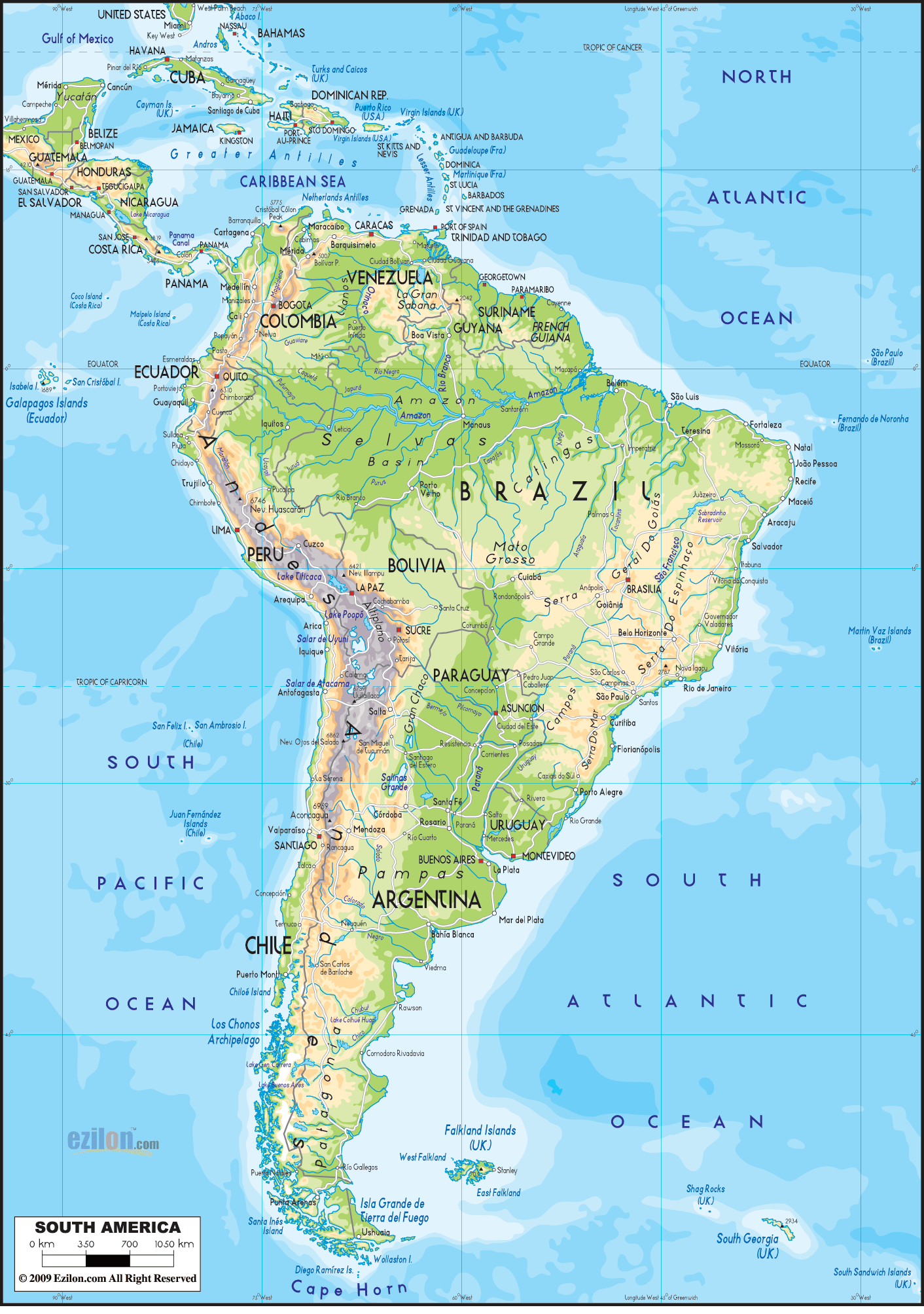 Sudamerika Physikalisch Karte