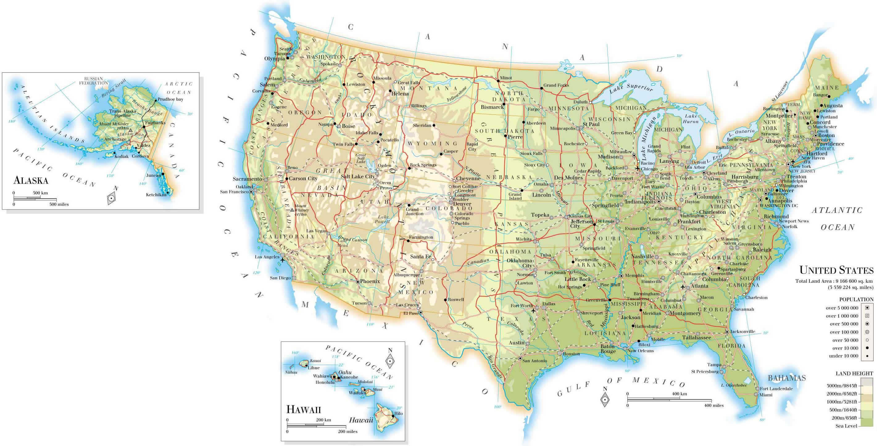 Vereinigte Staaten bevolkerung land height karte