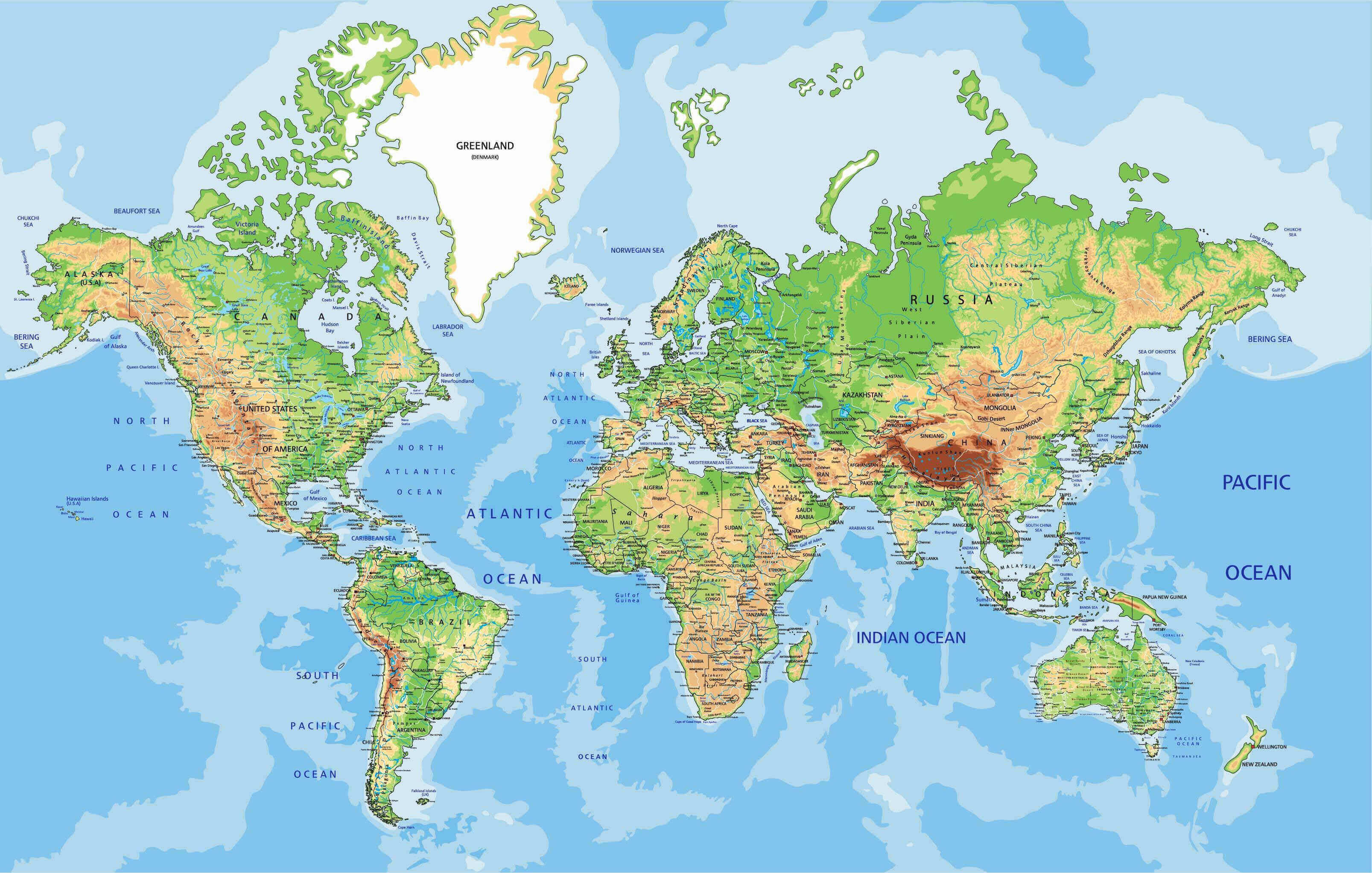 Große Weltkarte mit Ländern und Landschaften